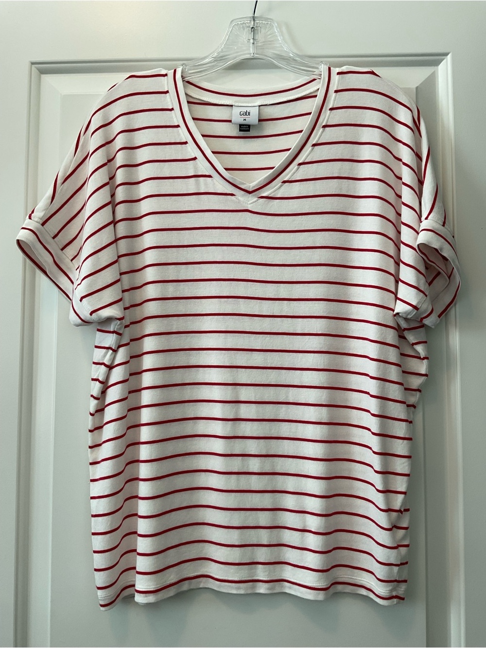 CAbi White with Red Stripes V-Neck Short Sleeve Tee